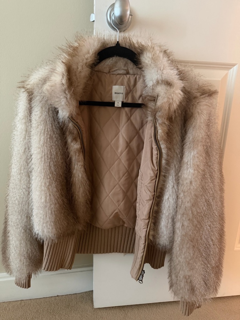 Maeve Taupe Faux-Fur Bomber Jacket with Quilted Lining